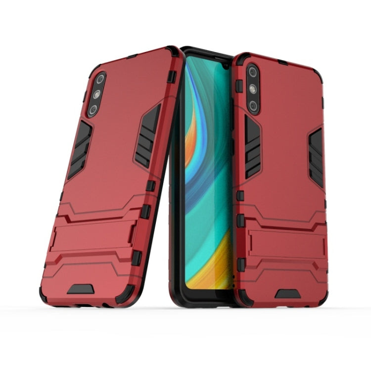 Shockproof phone case with holder, rugged red PC+TPU protection with dark accents