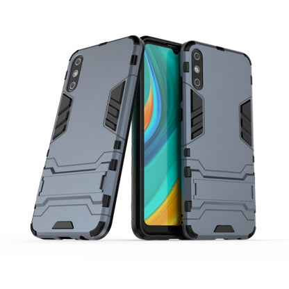 Shockproof phone case with holder, rugged navy blue PC+TPU protection with dark accents