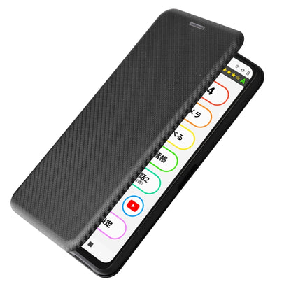 Black carbon fiber magnetic leather flip phone case, angled front view