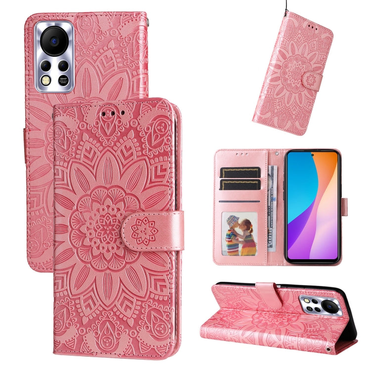 Pink embossed sunflower leather wallet phone case with magnetic flap and card slots