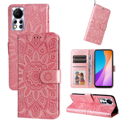 Pink embossed sunflower leather wallet phone case with magnetic flap and card slots