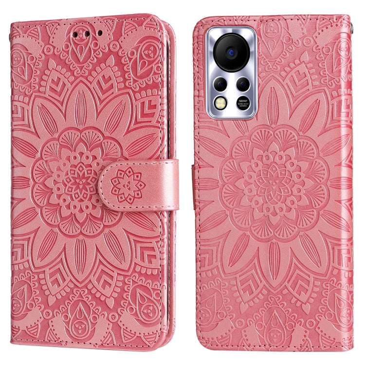 Pink embossed sunflower leather folio phone case with button cutouts and side pocket