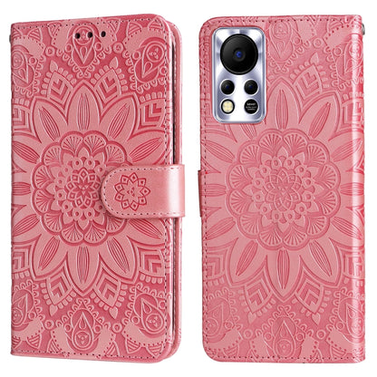 Pink embossed sunflower leather folio phone case with button cutouts and side pocket