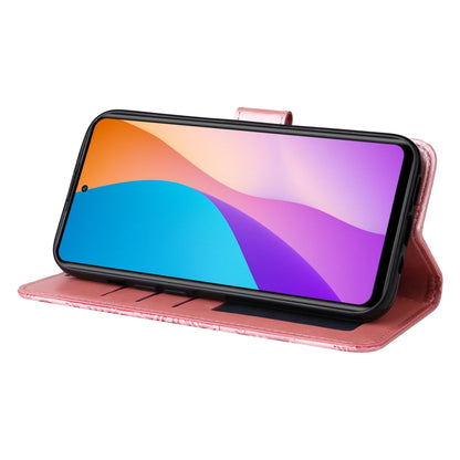 Pink embossed sunflower folio phone case propped open for hands-free viewing