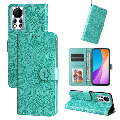 Embossed sunflower leather phone case, teal flip wallet with card slots and stand