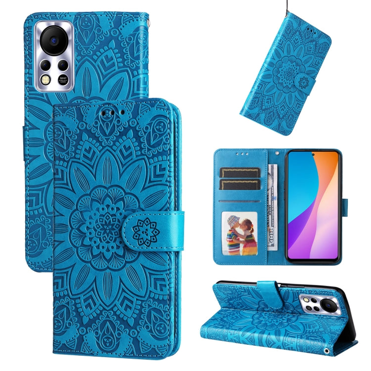 Embossed sunflower leather phone case, blue flip wallet with card slots and stand