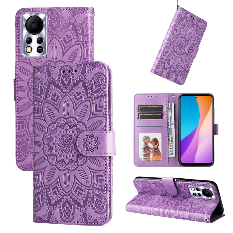 Purple embossed sunflower leather wallet phone case with card slots and folio stand.
