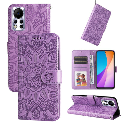 Purple embossed sunflower leather wallet phone case with card slots and folio stand.