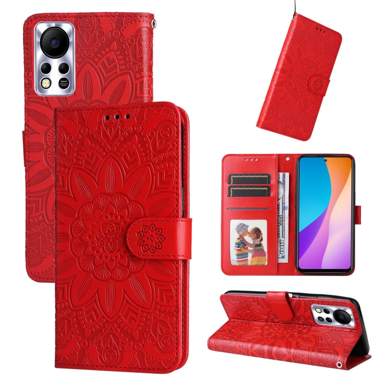 Red embossed sunflower leather wallet phone case with card slots and folio stand.