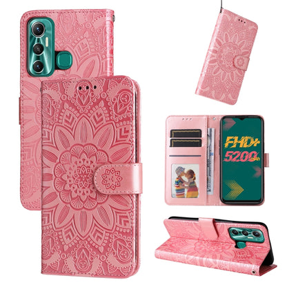 Pink embossed sunflower leather wallet phone case with card slots and lanyard