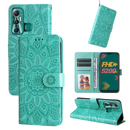 Embossed sunflower leather phone case, teal flip wallet with card slots and stand