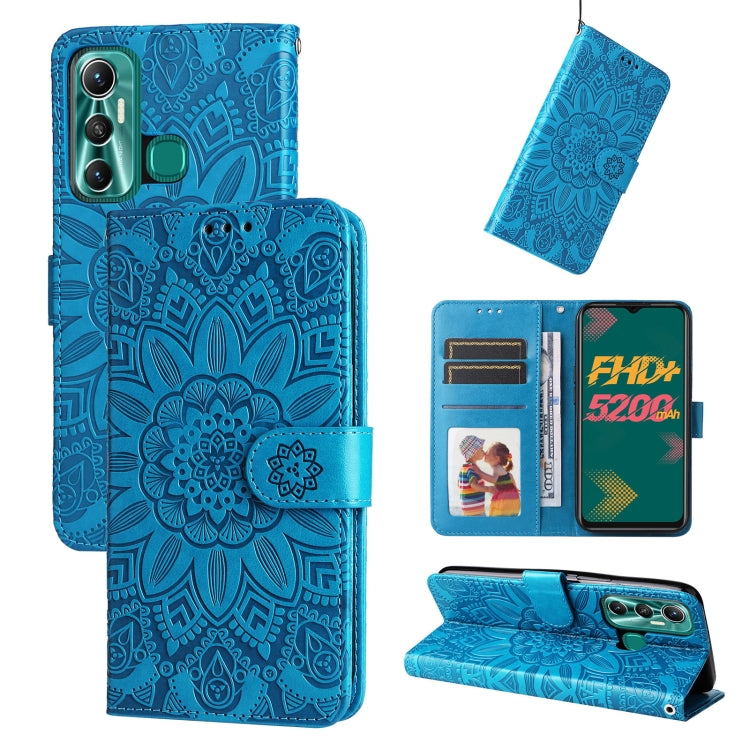 Embossed sunflower leather phone case, blue flip wallet with card slots and stand