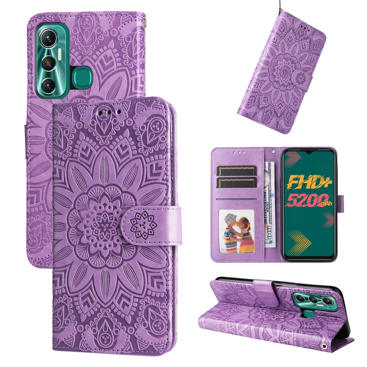 Purple embossed sunflower leather wallet phone case with card slots and front cover strap.