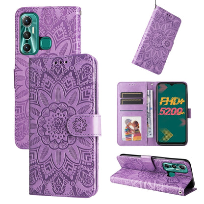 Purple embossed sunflower leather wallet phone case with card slots and front cover strap.