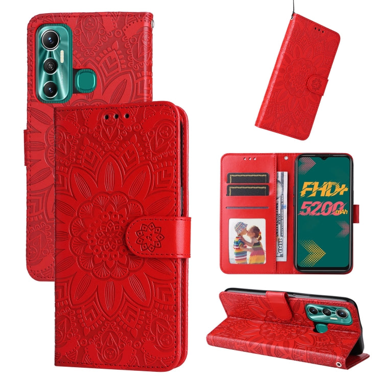 Red embossed sunflower leather wallet phone case with card slots and flip cover strap.