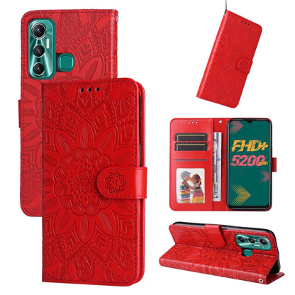 Red embossed sunflower leather wallet phone case with card slots and flip cover strap.