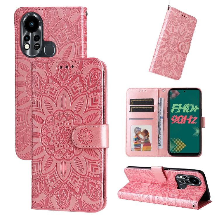 Pink embossed sunflower leather phone case set view with card slots and kickstand