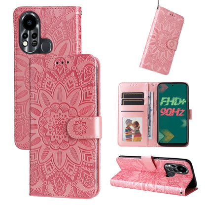 Pink embossed sunflower leather phone case set view with card slots and kickstand