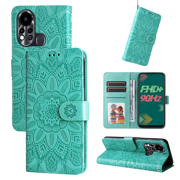 Embossed sunflower leather phone case, teal flip wallet with card slots and stand