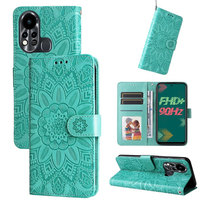 Embossed sunflower leather phone case, teal flip wallet with card slots and stand