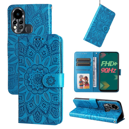 Embossed sunflower leather phone case, blue flip wallet with card slots and stand