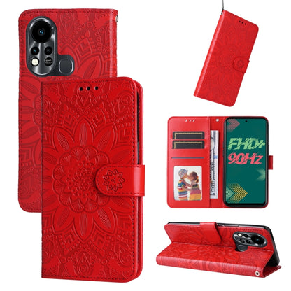 Red embossed sunflower leather wallet phone case with card slots and stand flip cover.