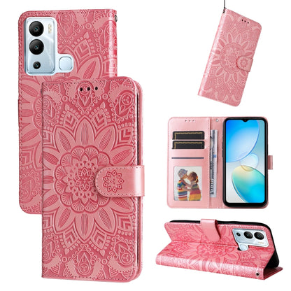 Pink embossed sunflower leather wallet phone case with magnetic flap and camera cutout