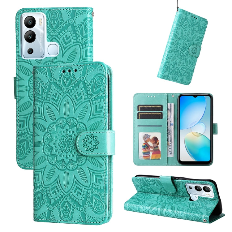 Embossed sunflower leather phone case, teal flip wallet with card slots and stand