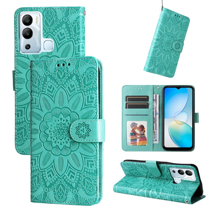 Embossed sunflower leather phone case, teal flip wallet with card slots and stand