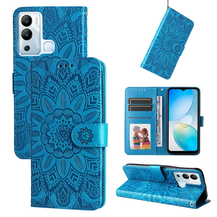 Embossed sunflower leather phone case, blue flip wallet with card slots and stand
