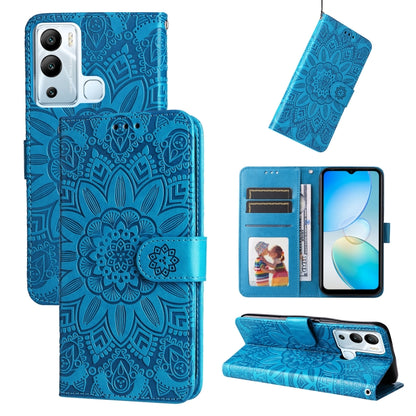 Embossed sunflower leather phone case, blue flip wallet with card slots and stand