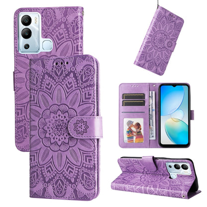 Purple embossed sunflower leather wallet phone case with card slots and folio stand support.