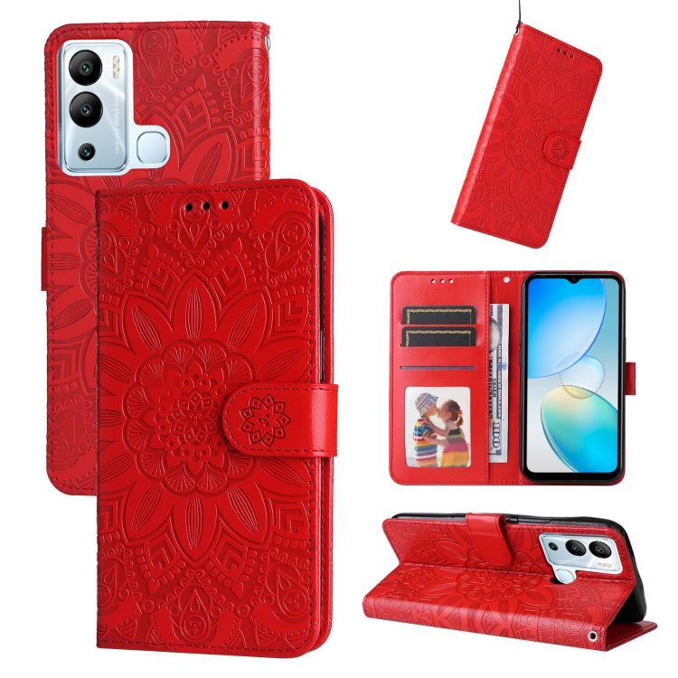 Red embossed sunflower leather wallet phone case with card slots and folio stand support.