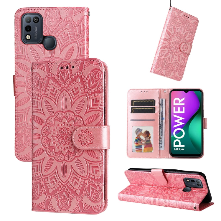 Embossed sunflower leather phone case, pink flip wallet with card slots and stand