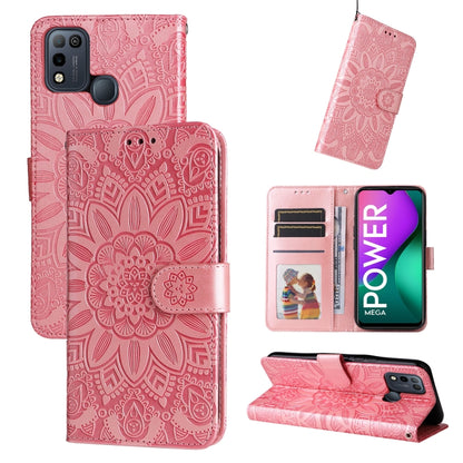 Embossed sunflower leather phone case, pink flip wallet with card slots and stand
