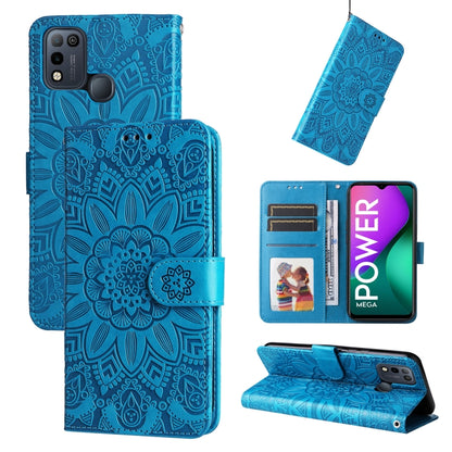 Blue embossed sunflower leather wallet phone case with card slots and folio stand.