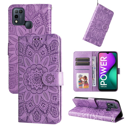 Purple embossed sunflower leather wallet phone case with card slots and flip cover strap.
