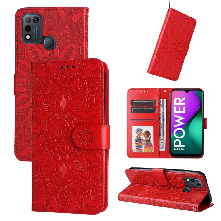 Red embossed sunflower leather phone wallet case with card slots and kickstand