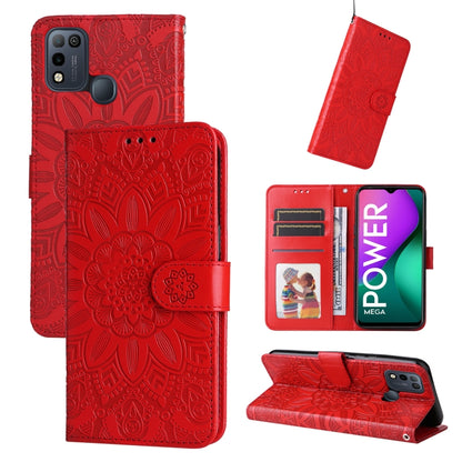Red embossed sunflower leather phone wallet case with card slots and kickstand