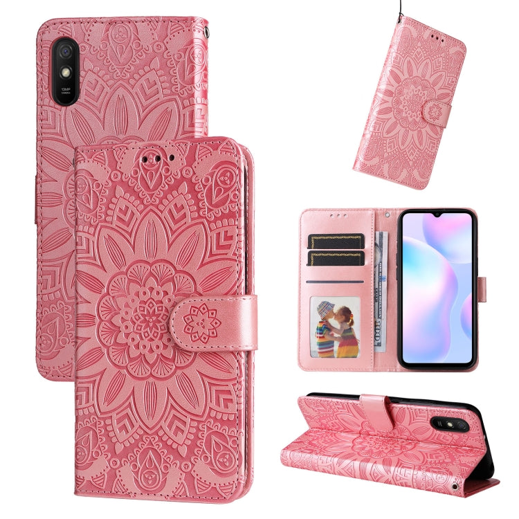 Pink embossed sunflower PU leather phone case with flip cover and wrist strap