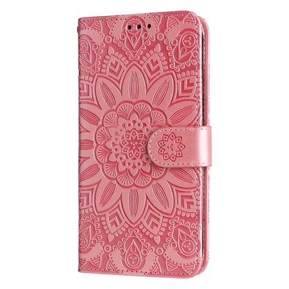Pink embossed sunflower phone case with magnetic flip cover and side button cutout