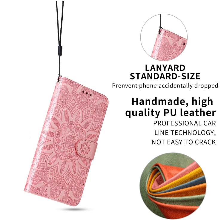 Pink embossed sunflower phone case with lanyard and flip cover with card slots
