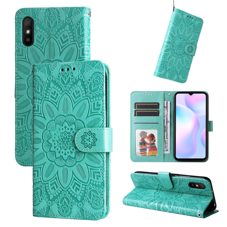 Teal embossed sunflower PU leather phone case set with flip cover and card slots