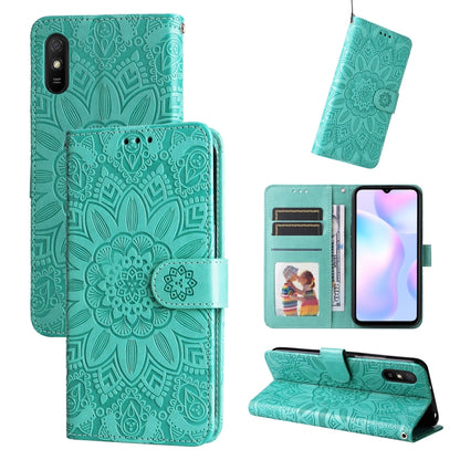 Teal embossed sunflower PU leather phone case set with flip cover and card slots