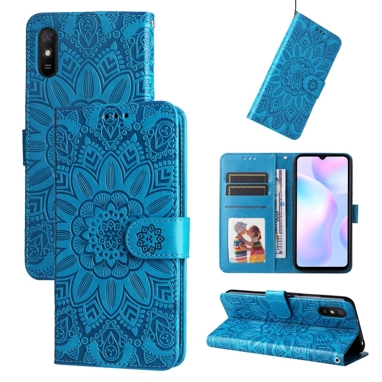 Blue embossed sunflower phone case with flip cover, card slots, and stand view
