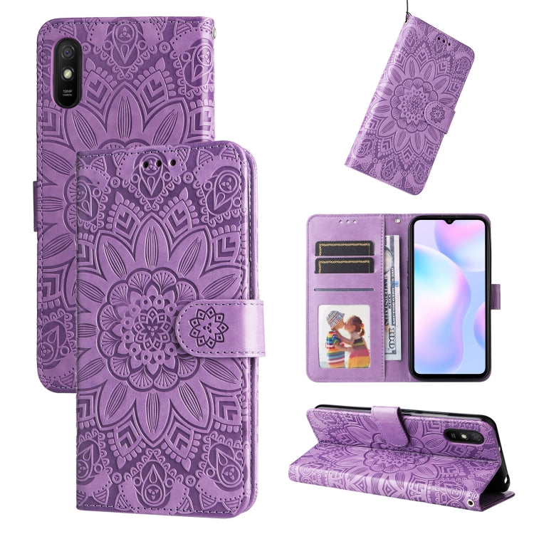 Purple embossed sunflower PU leather phone case set with flip cover and card slots