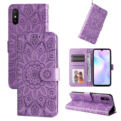 Purple embossed sunflower PU leather phone case set with flip cover and card slots