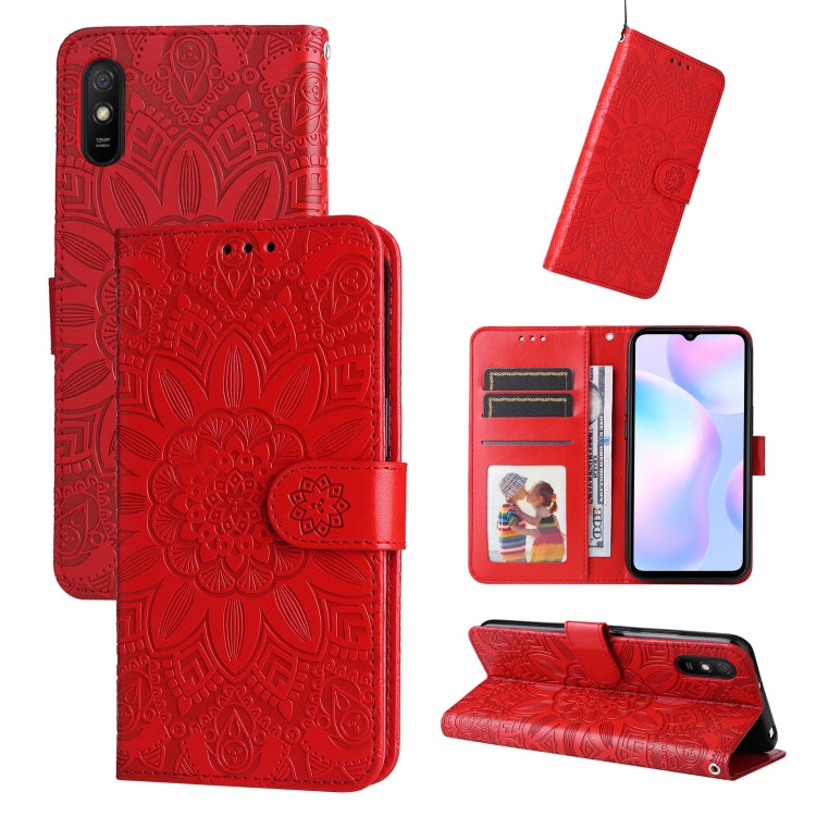 Embossed sunflower leather wallet phone case with magnetic flip, red