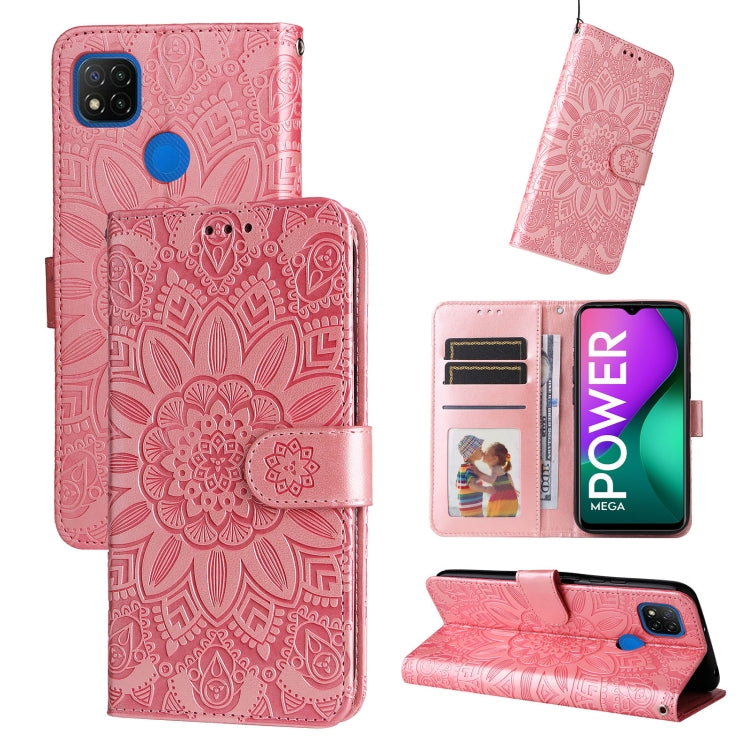 Embossed sunflower leather wallet phone case with magnetic flip, pink