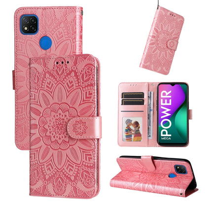 Embossed sunflower leather wallet phone case with magnetic flip, pink